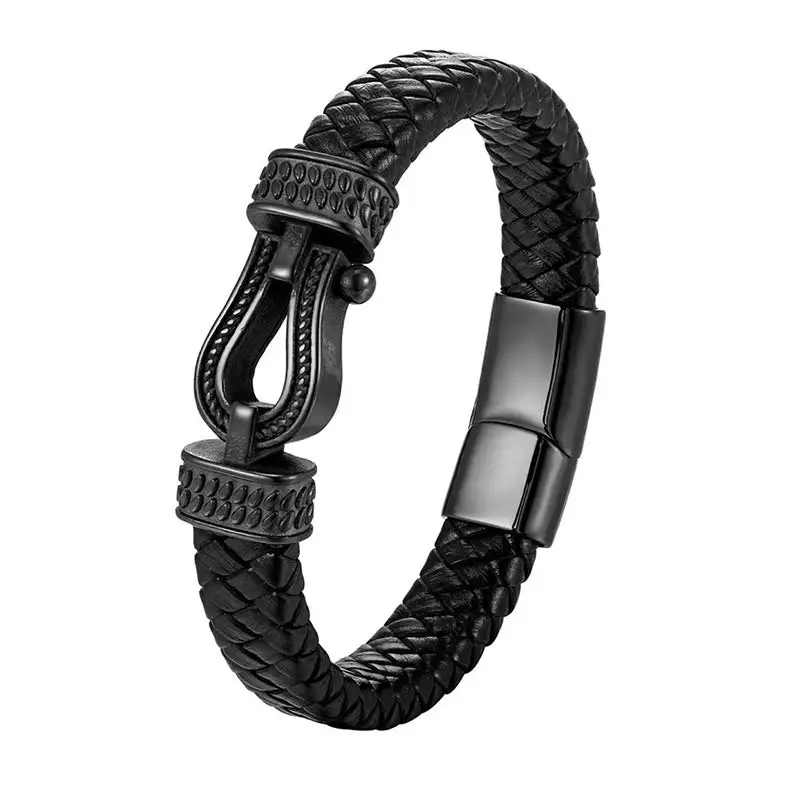 Leather Horseshoe Shaped Titanium Steel Braided Magnetic Bracelet