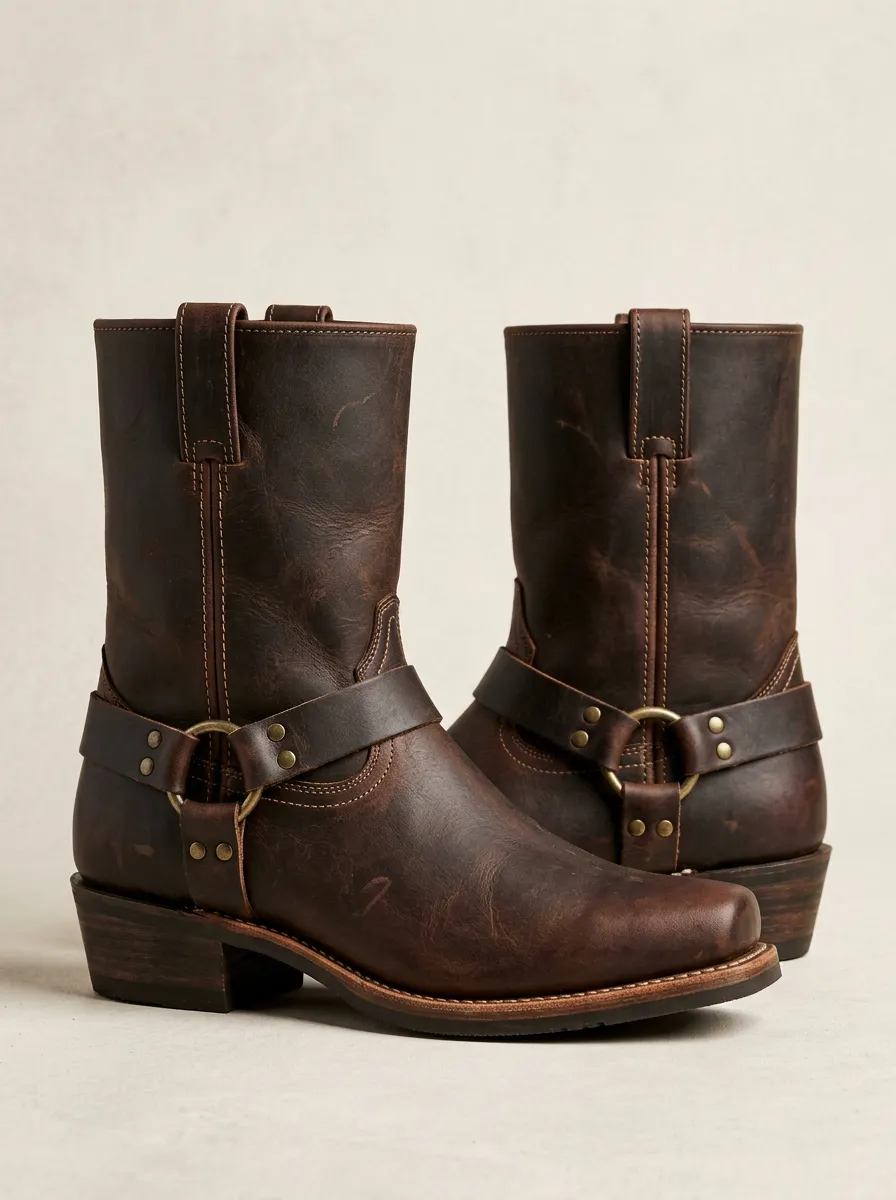 Men's Classic Western Brown Leather Harness Boots