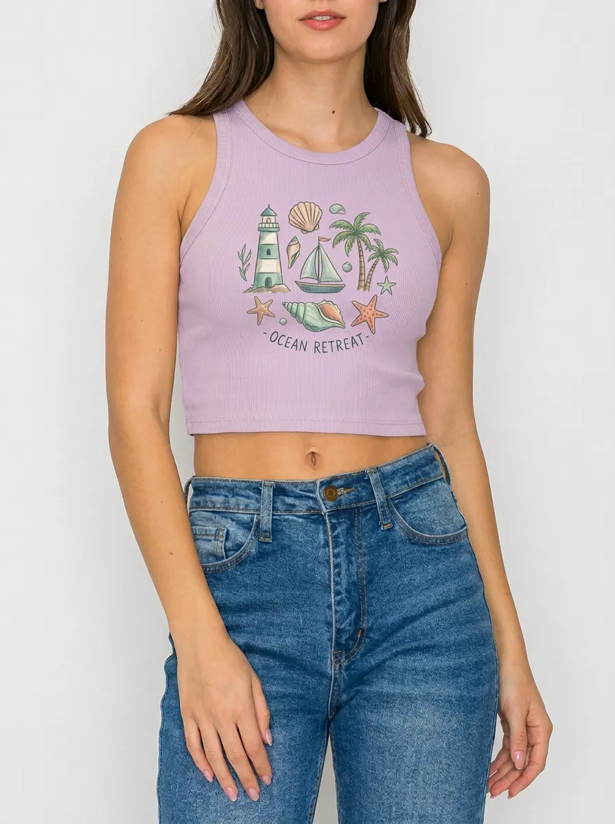 Women's Ocean Retreat Lighthouse Sailboat Graphic Crop Tank Top