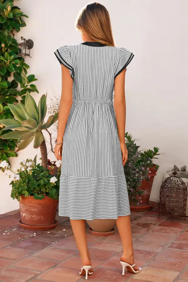 Stripe Flutter Sleeve V Neck Contrast Trim Midi Dress