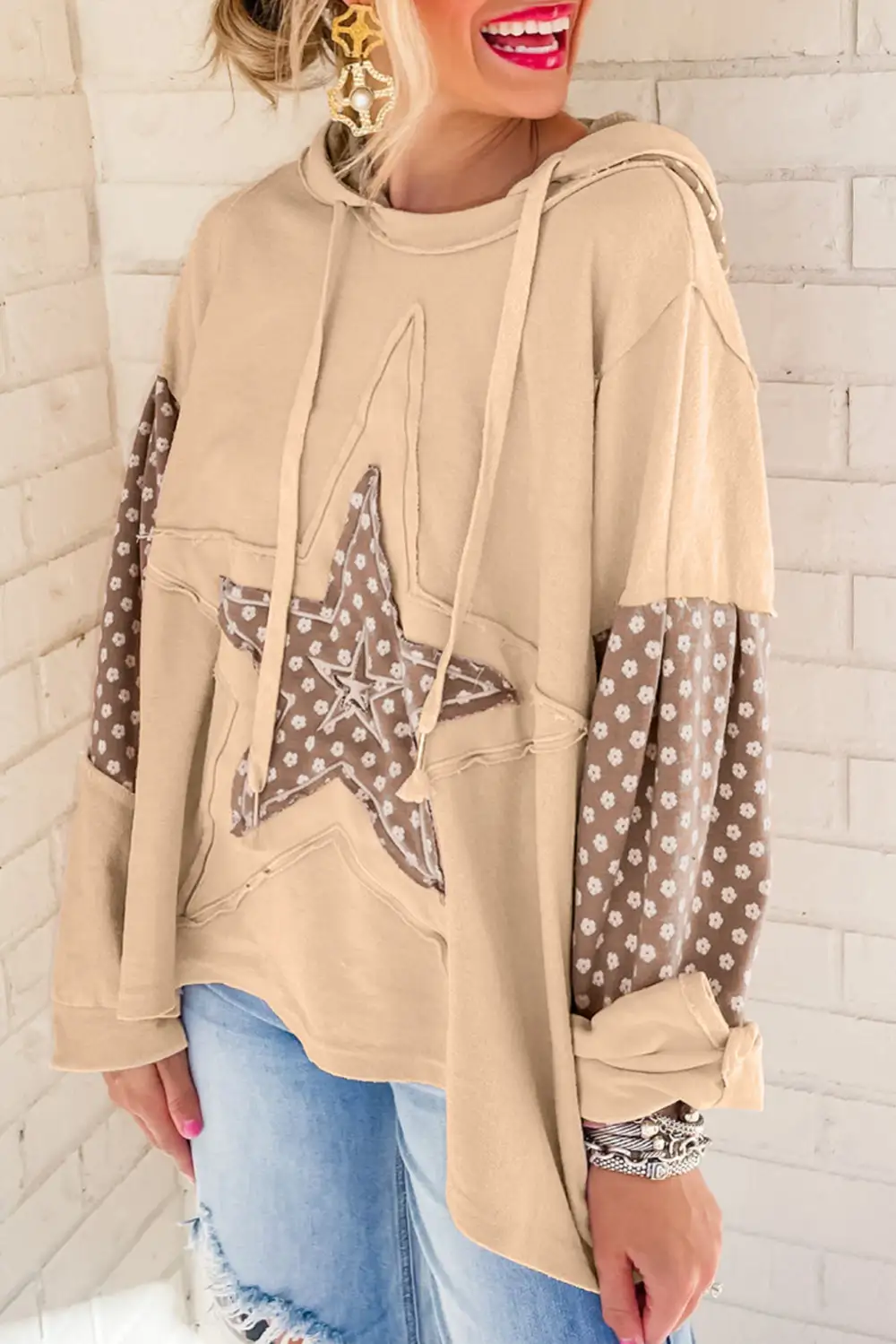 Everyday Floral Patchwork Star Pattern Drawstring Hoodie