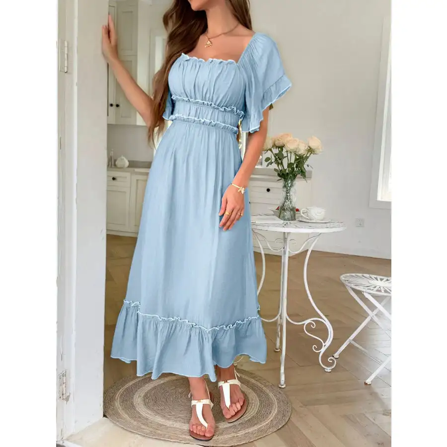 Square Neck Puff Sleeve Ruffle Trim Maxi Dress