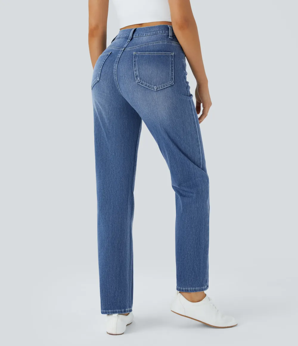 Magic High Waisted Multiple Pockets Straight Leg Washed Stretchy Knit Casual Jeans