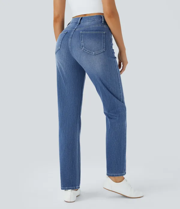 Magic High Waisted Multiple Pockets Straight Leg Washed Stretchy Knit Casual Jeans