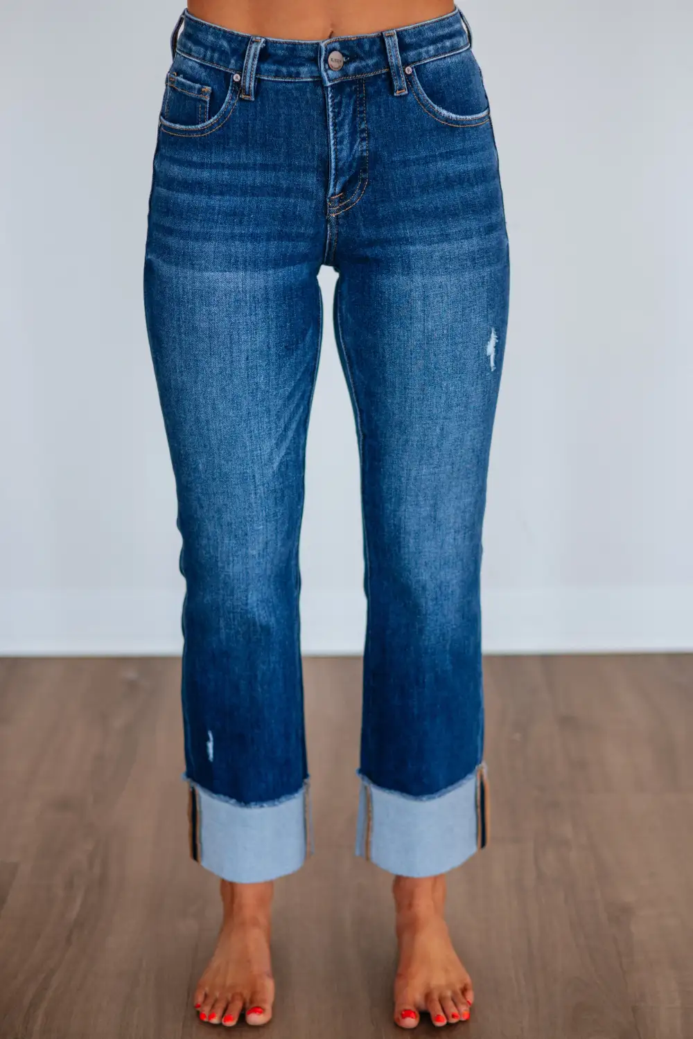 Women's Mid Rise Straight Leg Cuffed Hem Jeans