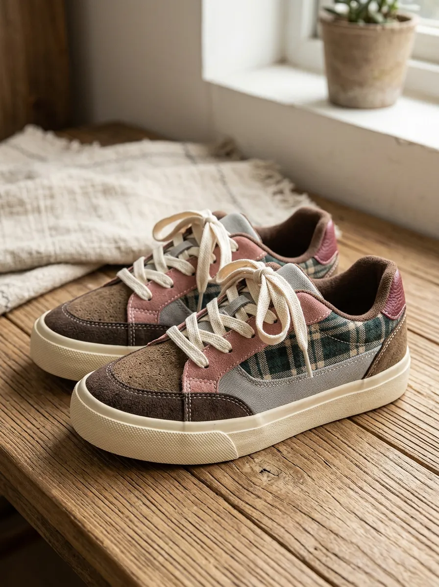 Women's Everyday Vintage Plaid Patchwork Suede Skate Shoes