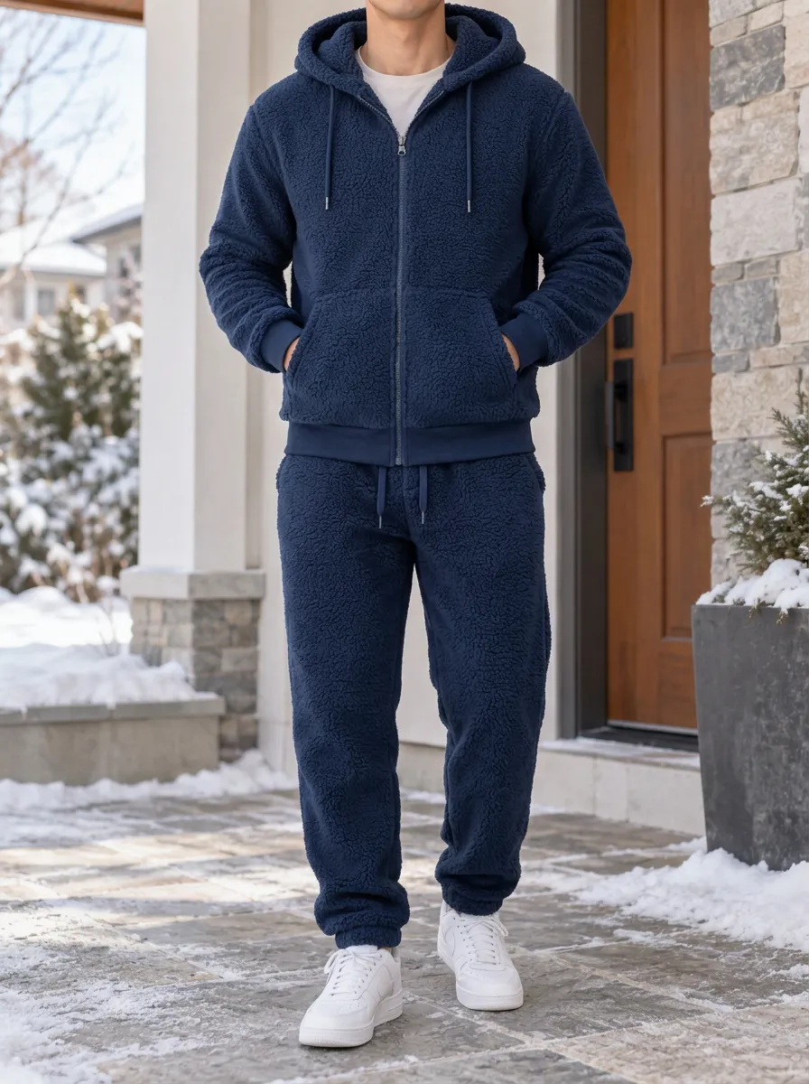 Men's Winter Fleece-Lined Zip-Up Hoodie and Trousers Set with Drawstring Waist