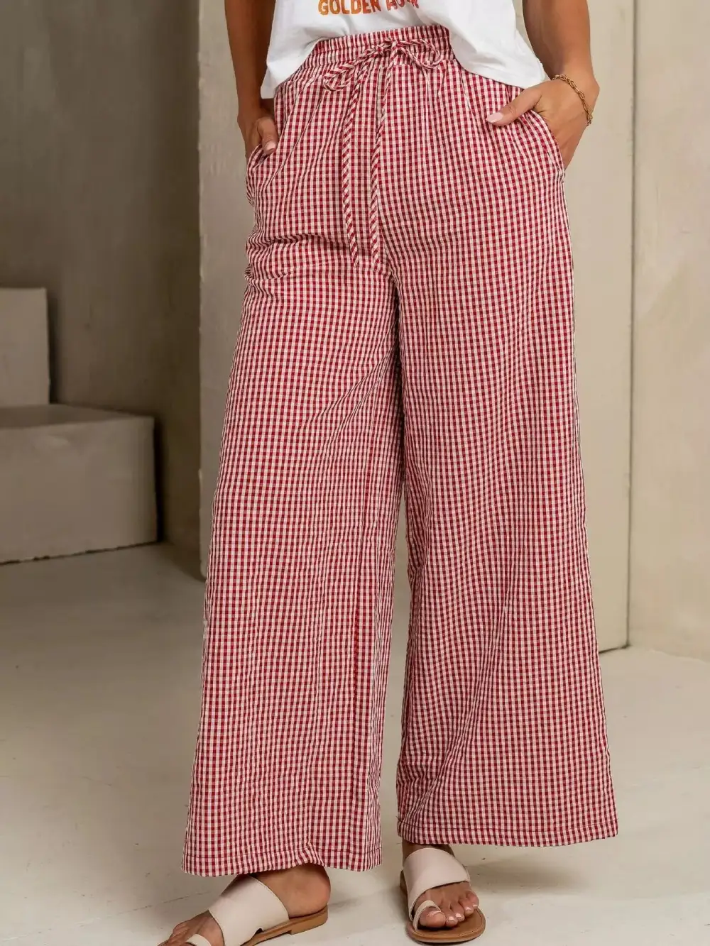 Wide Leg Gingham Drawstring Pocketed Pants