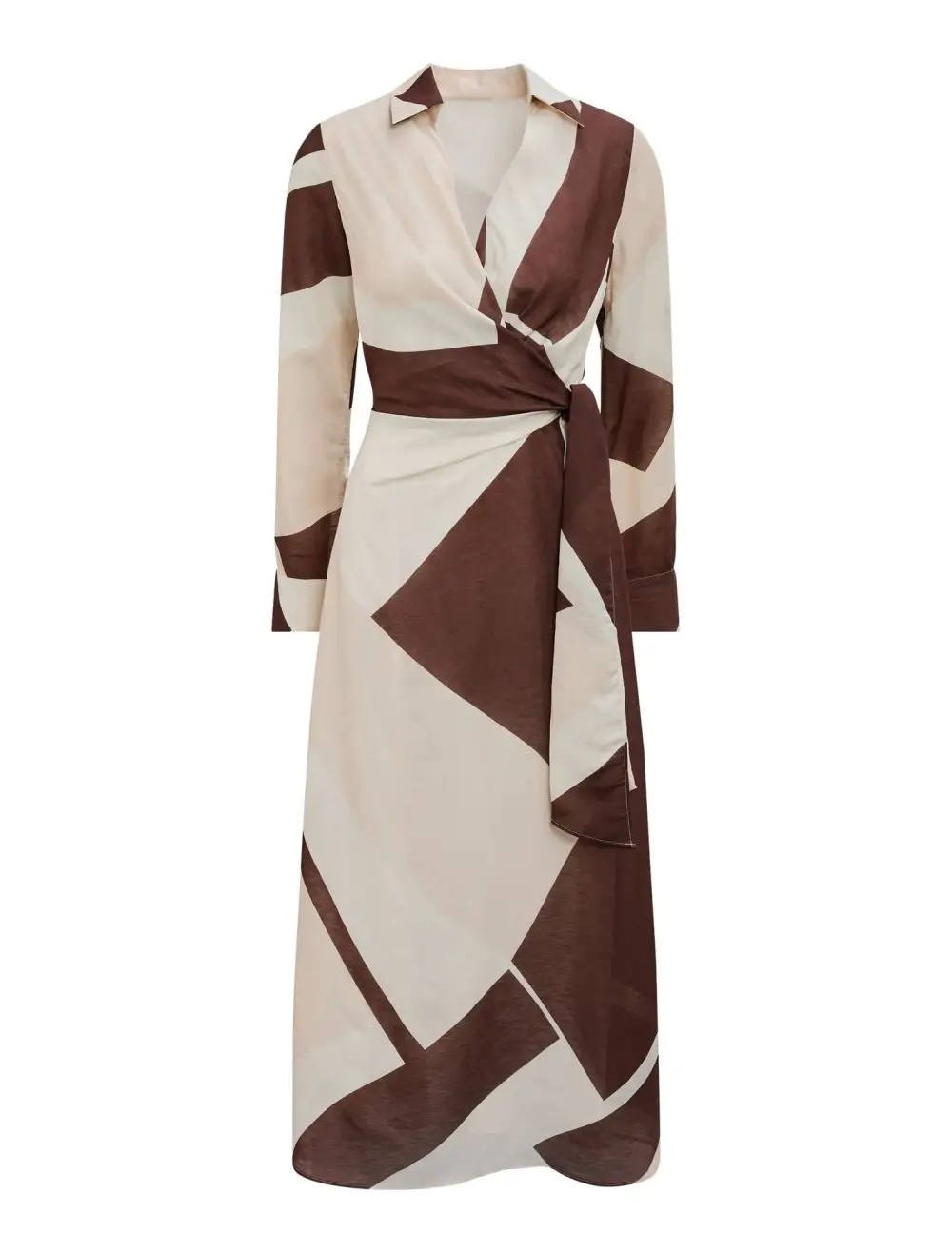 White Brown Abstract Print Long Sleeve Tie Waist Midi Dress