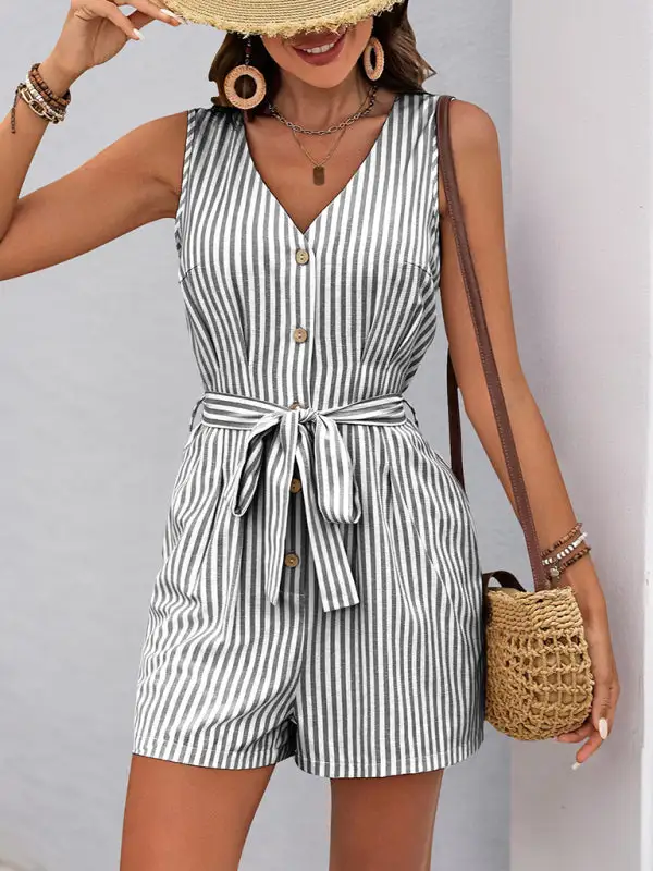 V Neck Sleeveless Striped Jumpsuit