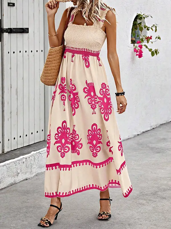 Loose Pleated Printed Neck Maxi Dress