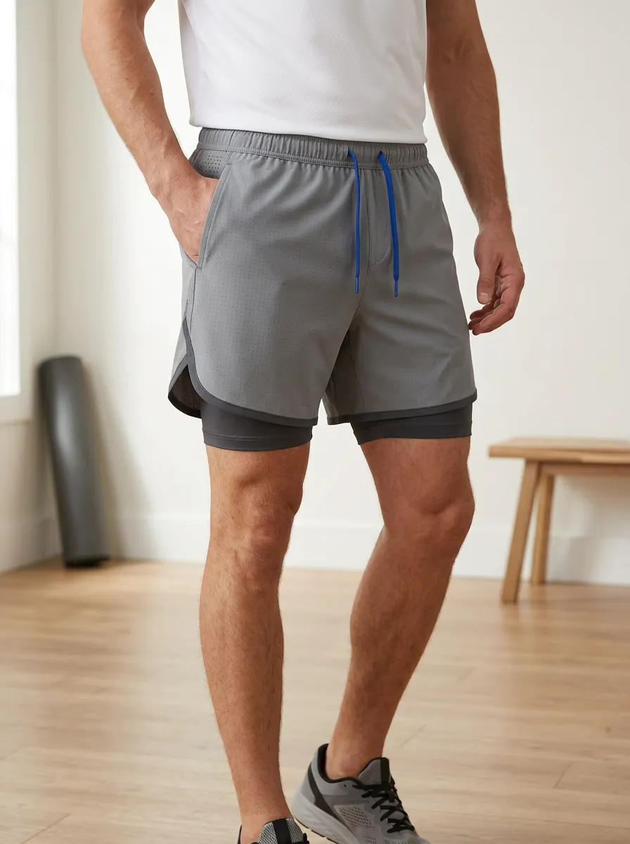 Men's Fitness Workout Grey Dual-Layer Mesh Running Shorts