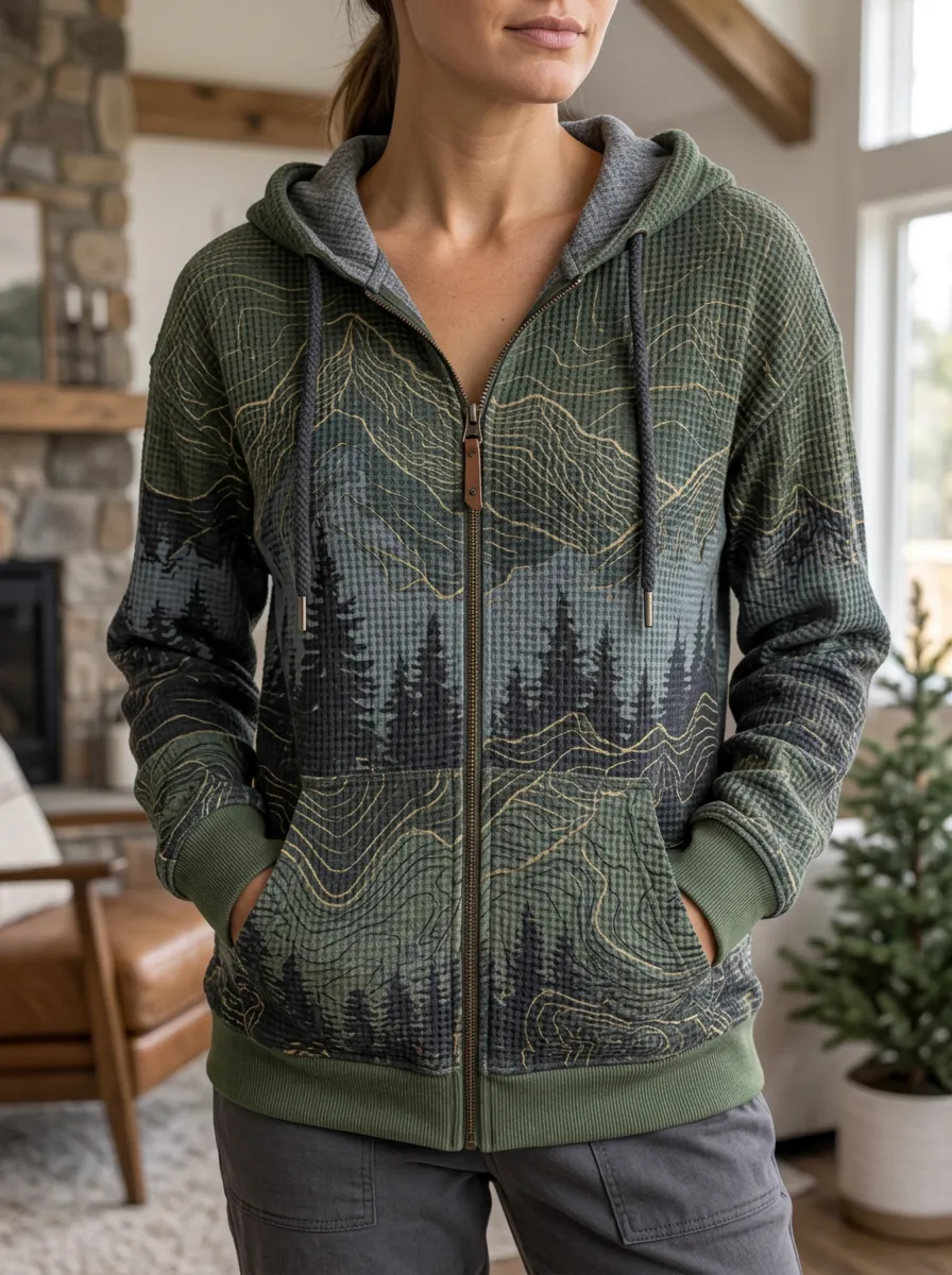 Women's Nature Hiking Lover Mountain Forest Printed Waffle Zip Hoodie