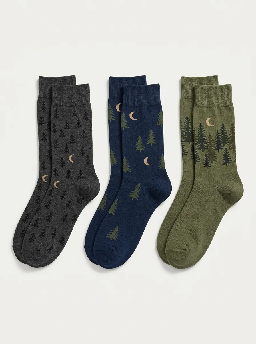 Men's Three-Pair Pine Tree Moon Nature Crew Sock Set
