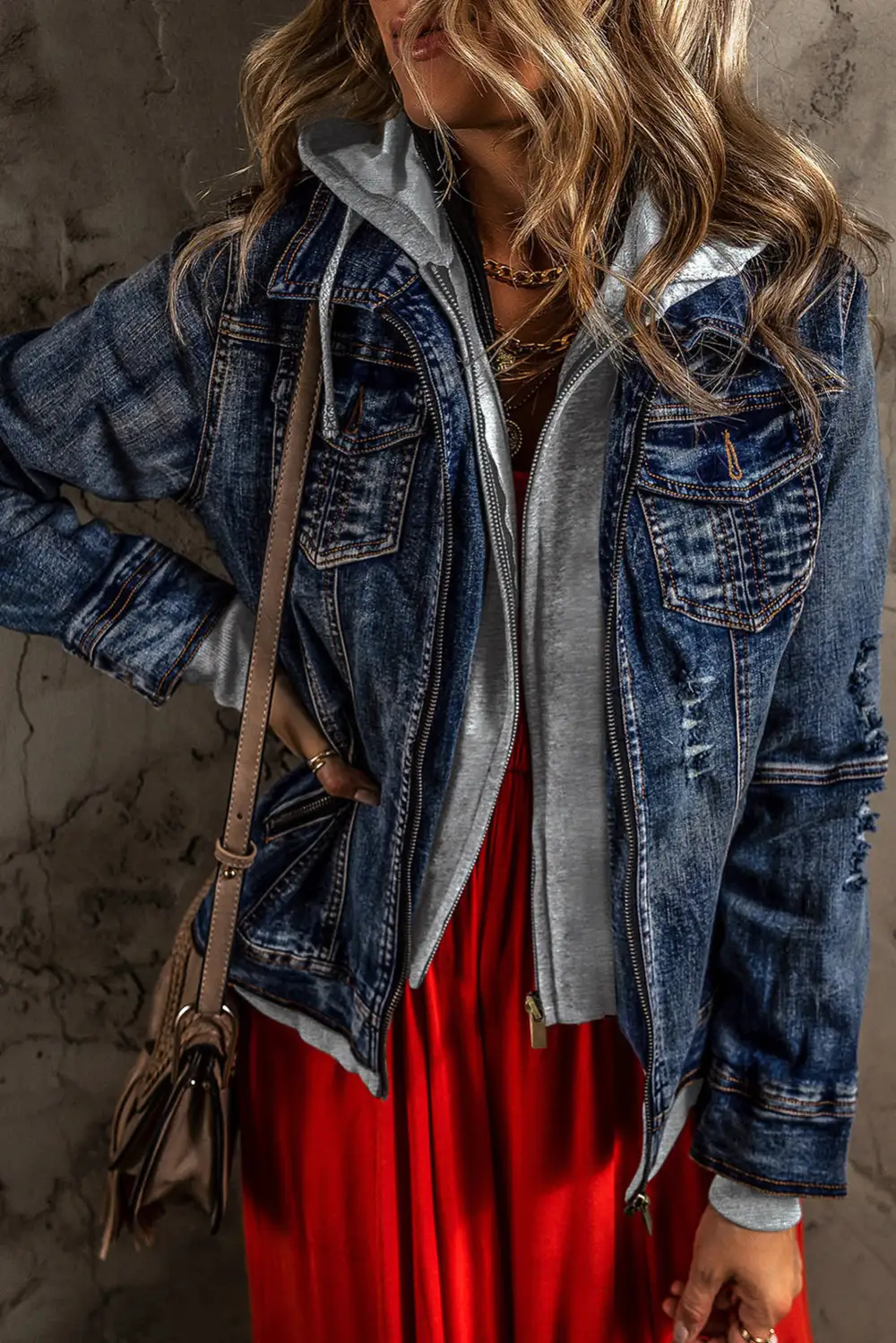 Women's Layered Hooded Zip Up Denim Jacket