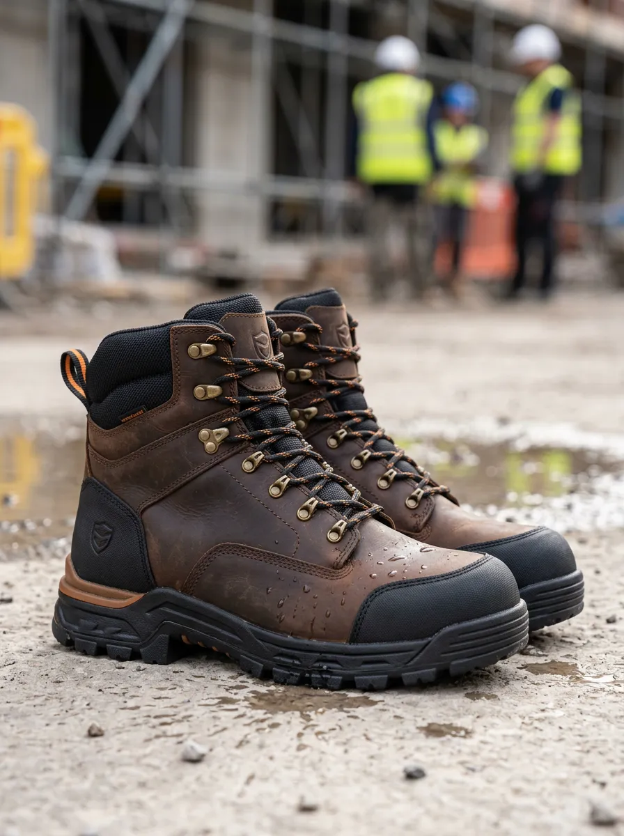 Unisex Waterproof Brown Leather Waterproof Construction Work Boots