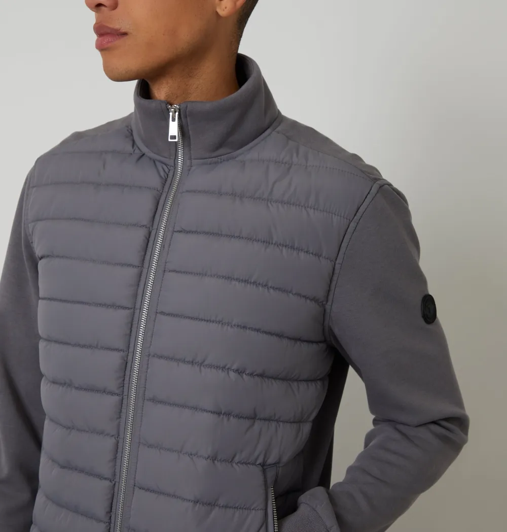Men's Slate Gray Quilted Hybrid Funnel-Neck Jacket