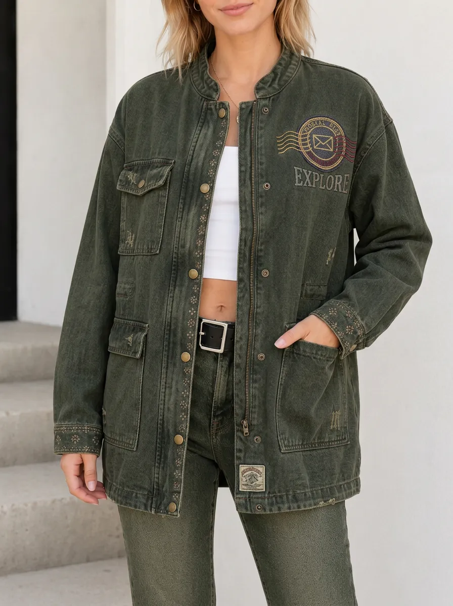 Women's Explore Postal Stamp Printed Denim Jacket