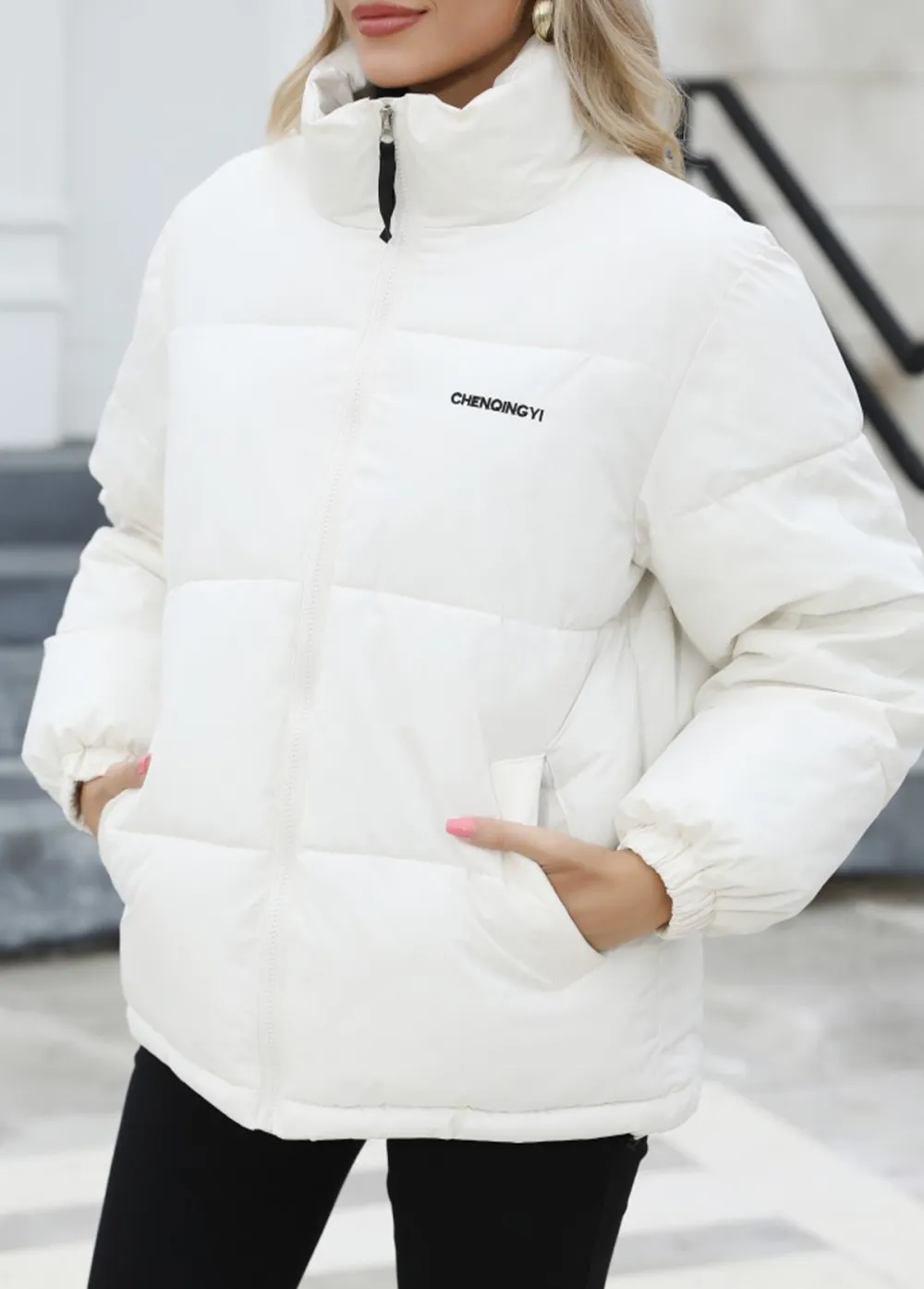 White Pocket Long Sleeve Stand Collar Coat