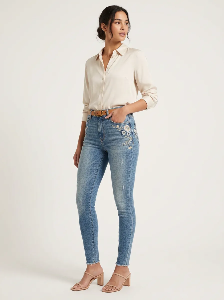 Women's Floral Embroidery High-Rise Printed Slim Jeans