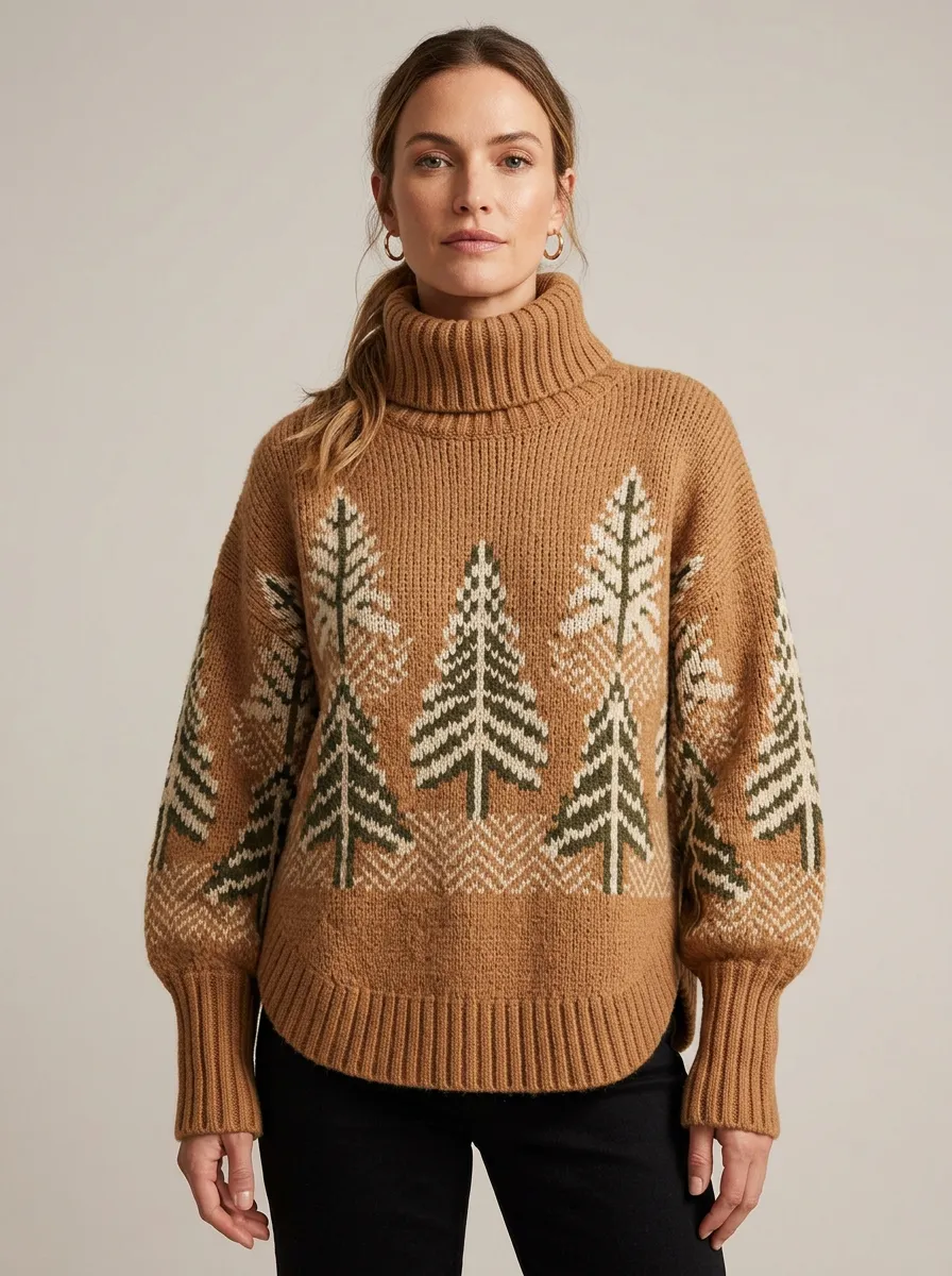 Women's Winter Nature Lover Pine Tree Pattern Printed Turtleneck Sweater