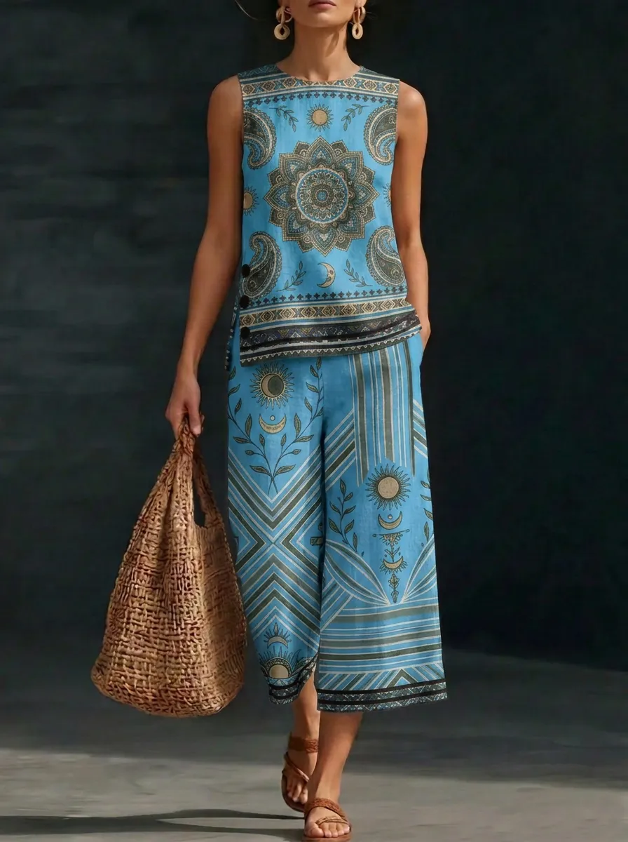 Women's Bohemian Mandala Sun Moon Printed Sleeveless Set