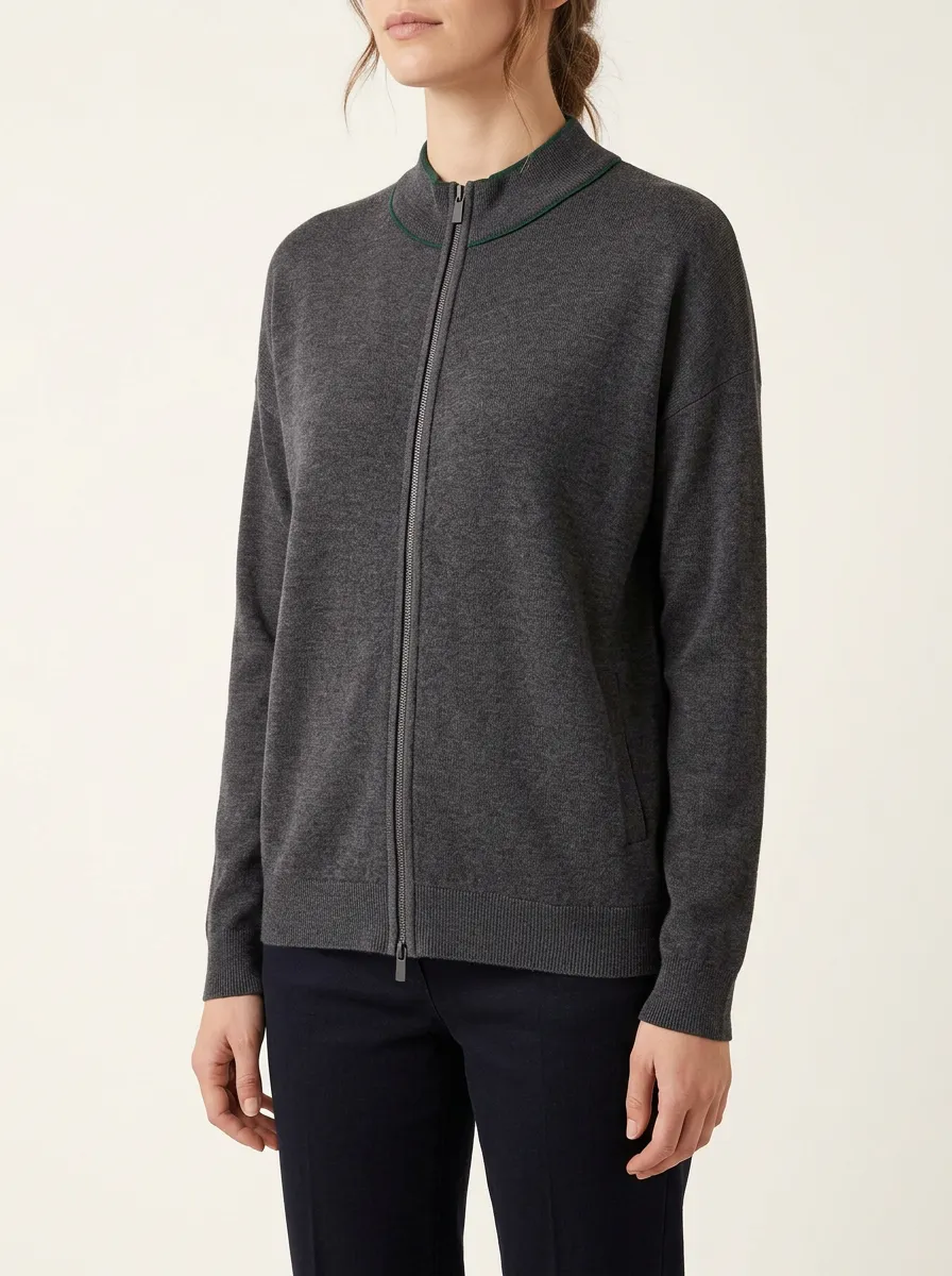 Women's Zip-Up Knit Jacket with Contrast Trim