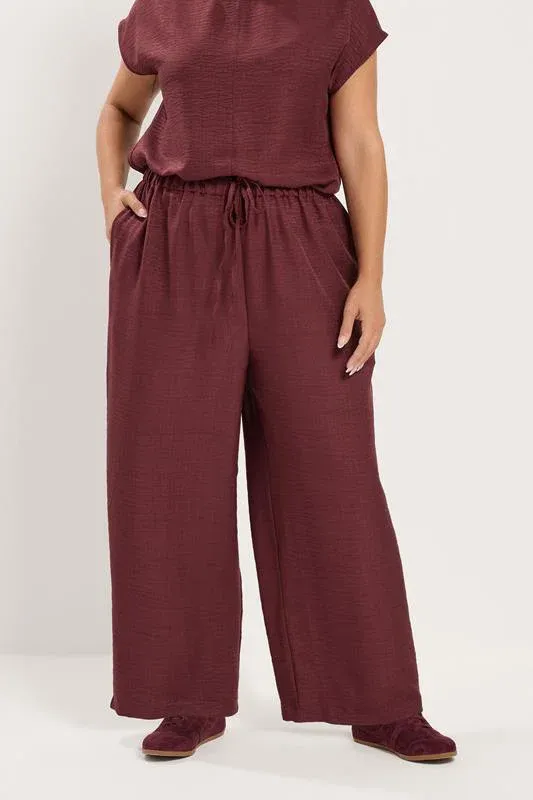 Wine Red Textured Wide Leg Trousers