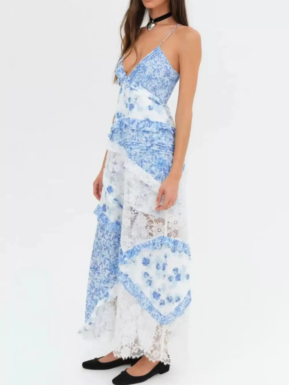 Lace Floral Print Ruffle Trim Maxi Dress