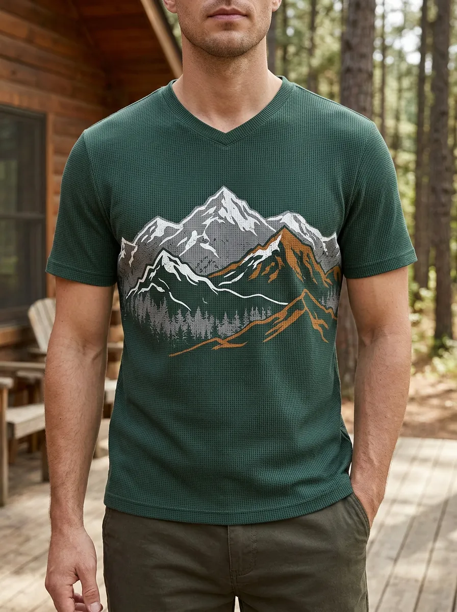 Men's Landscape Outdoor Nature Mountain Forest V-Neck T-Shirt