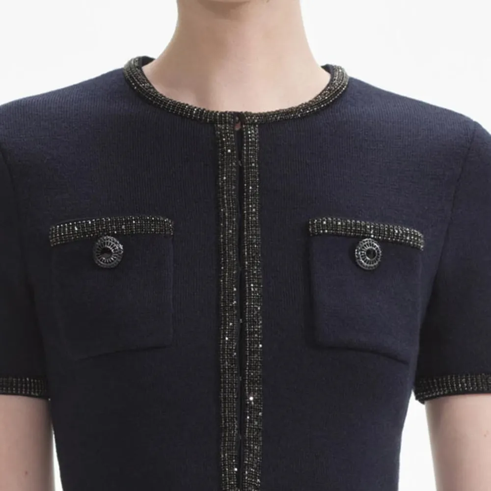 Navy Embellished Knit Midi Skirt