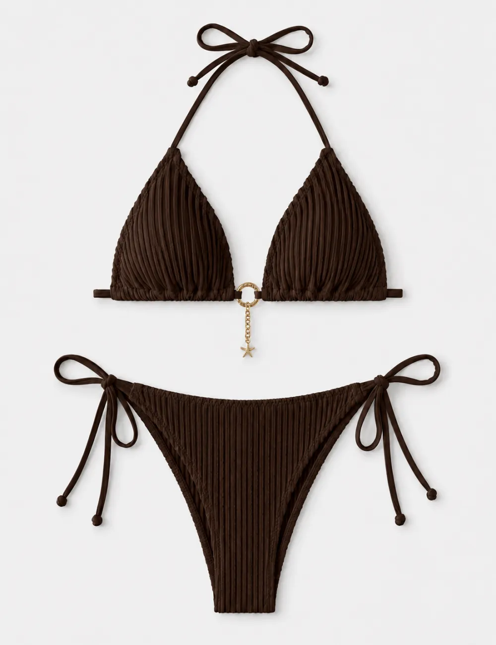 Vertical Texture Halter Neck Triangle Bikini Set