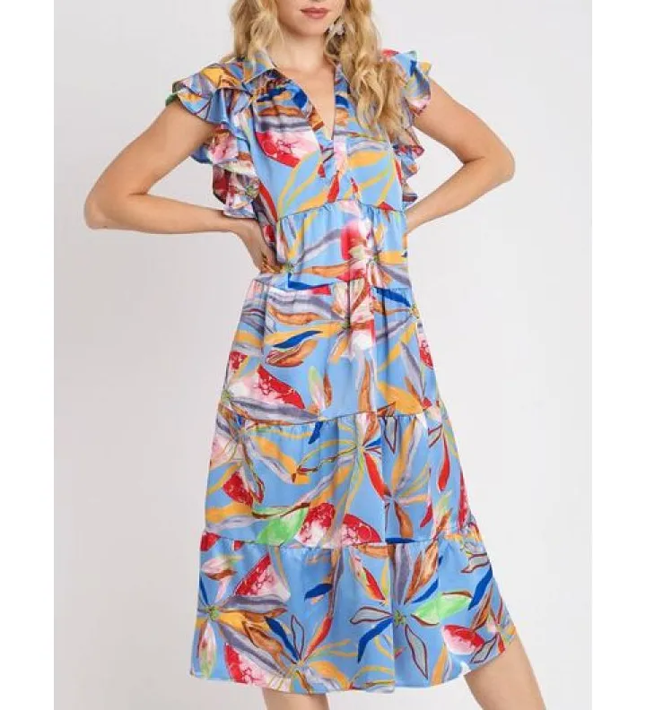 Full Size Leaf Double Layered Ruffle Sleeve Tiered Midi Dress Plus Size