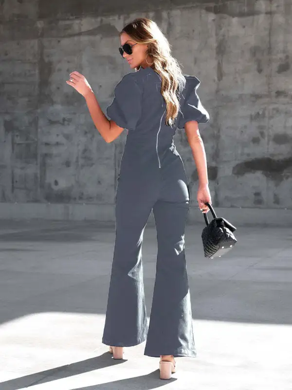 Denim Slim Puff Sleeve Crossover Waist Pants