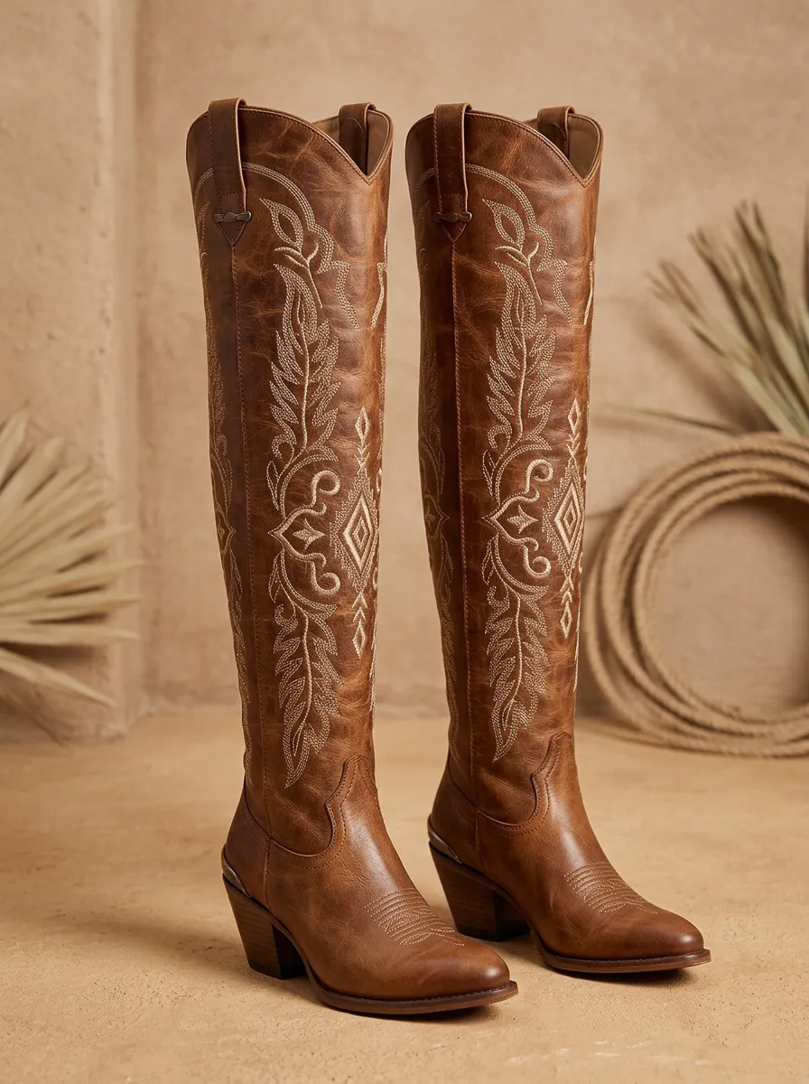 Women's Tan Distressed Tonal Embroidered Floral Embroidered Western Over-the-Knee Boots