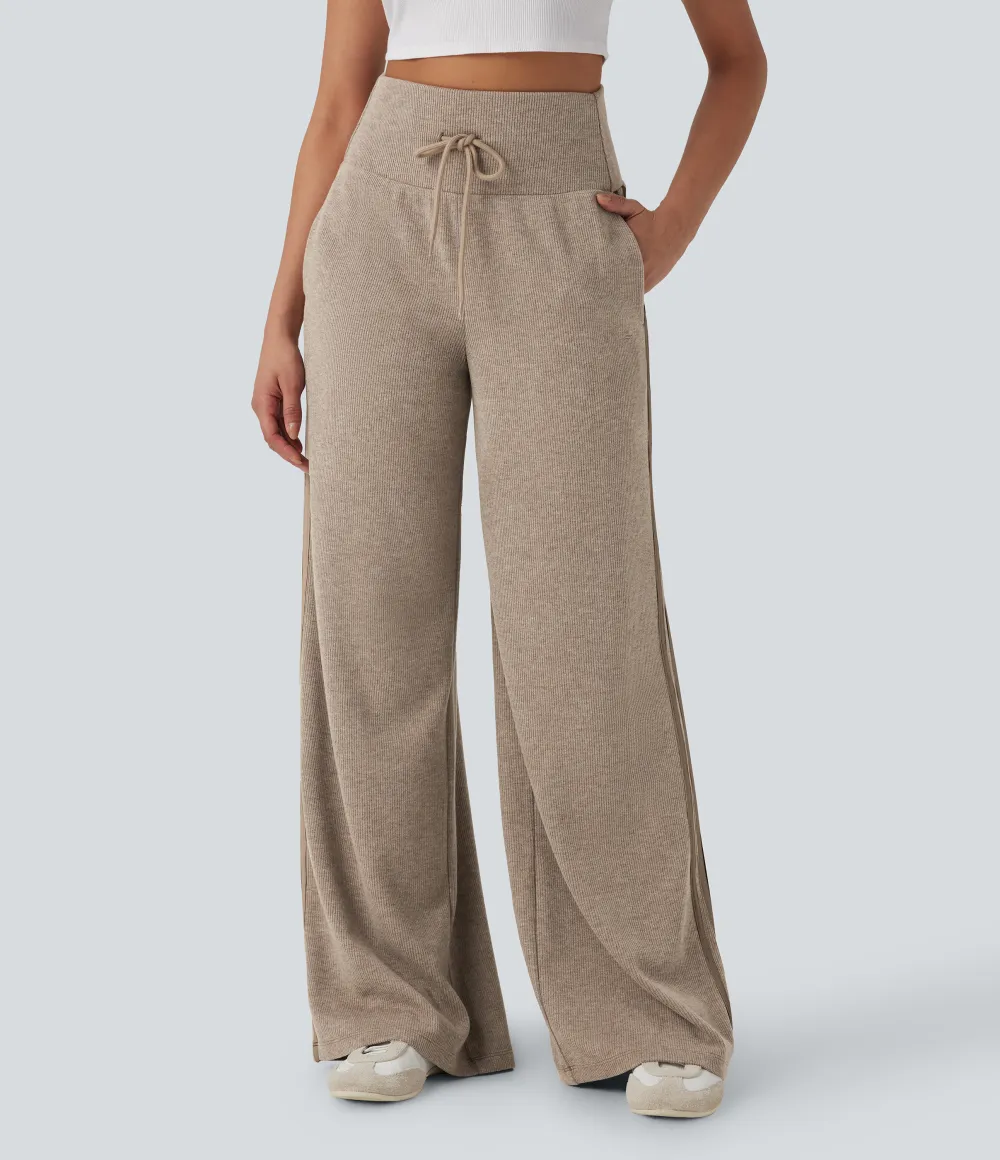 2026🔥  Ribbed SoCinched High Waisted Tummy Control Drawstring Wide Leg Color Block Casual Trousers with Pockets