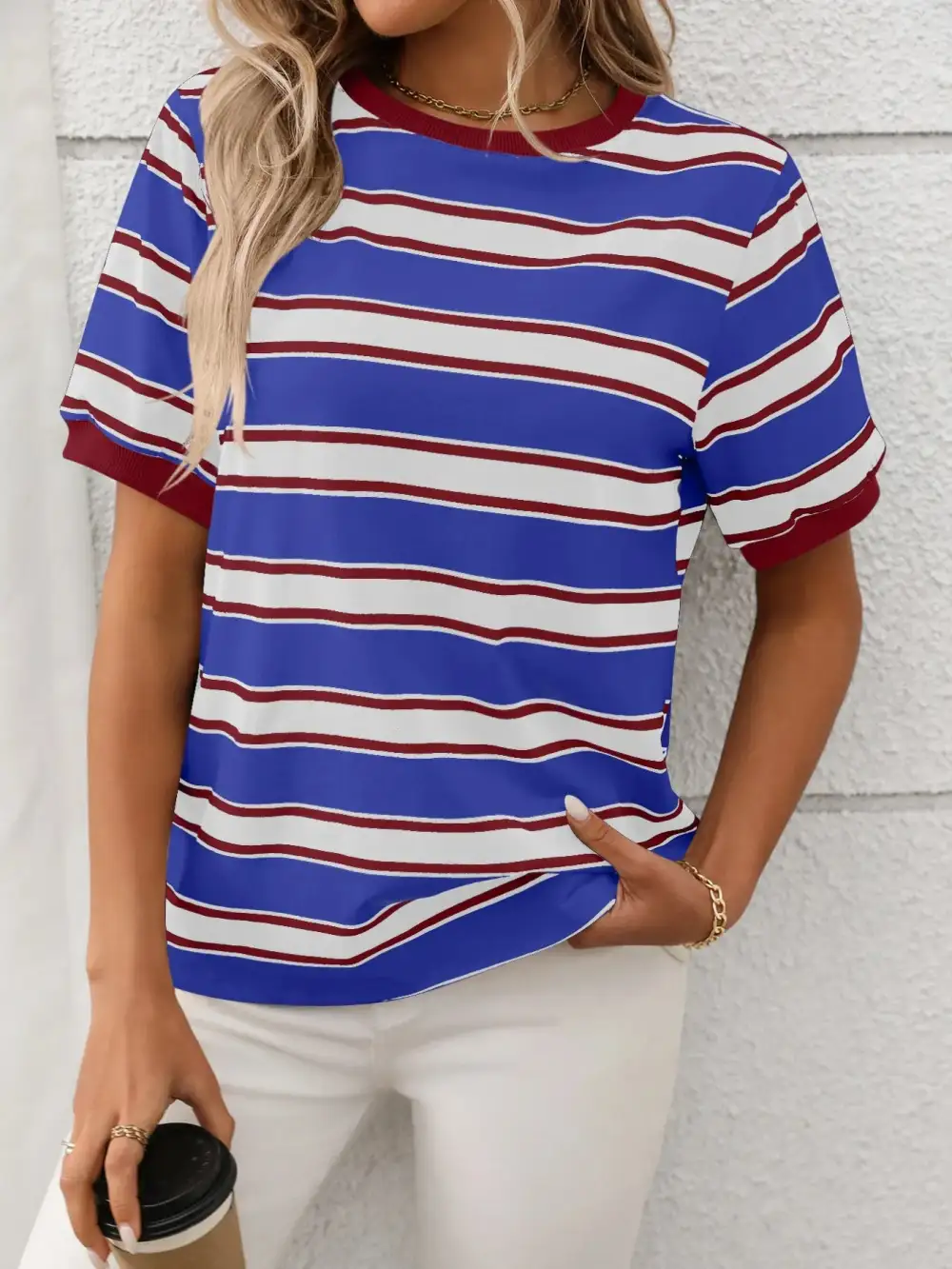 Crew-Neck Collared Short-Sleeve Contrast T-Shirt