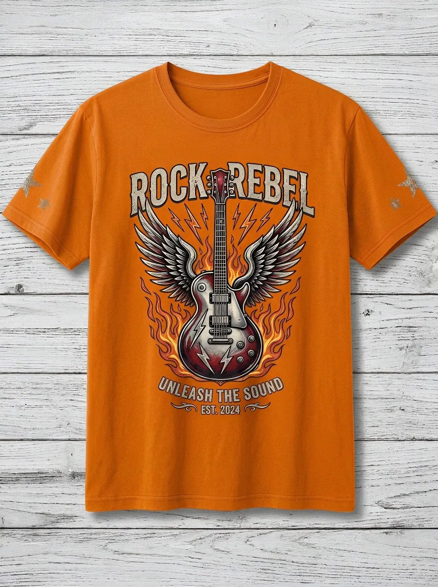 Men's Rock Music Lover Winged Guitar Fire Printed T-shirt