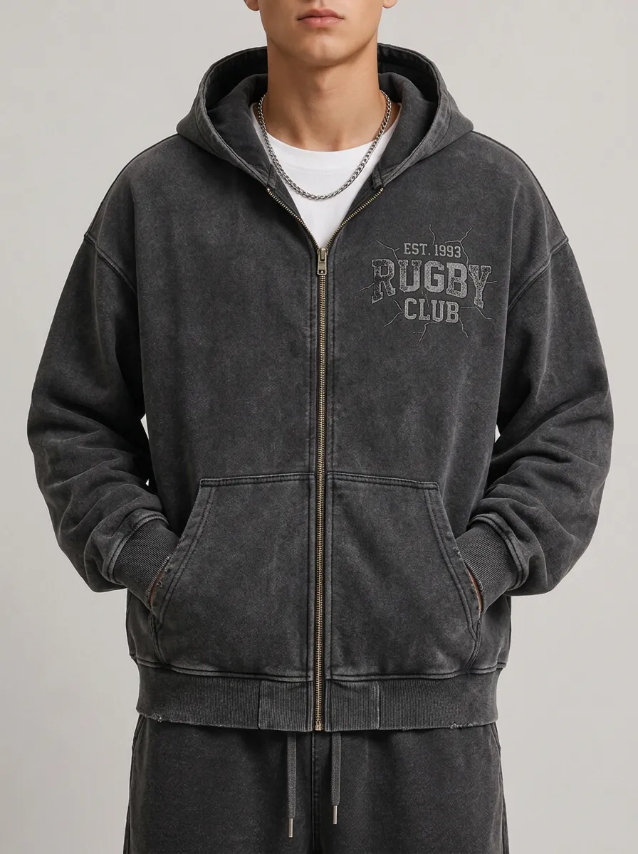 Men's Rugby Club 1993 Vintage Washed Printed Zip-up Hoodie