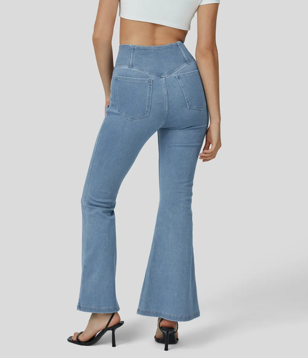 Magic High Waisted Crossover Pocket Washed Stretchy Knit Casual Super Flare Jeans