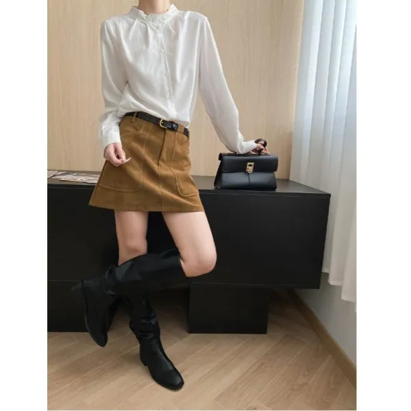 Textured Lace Collar Long Sleeve Office Shirt