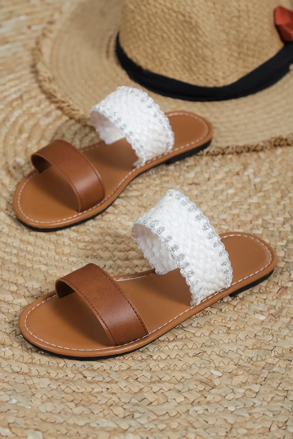 Faux Leather Woven Strap Flat Slide Slippers