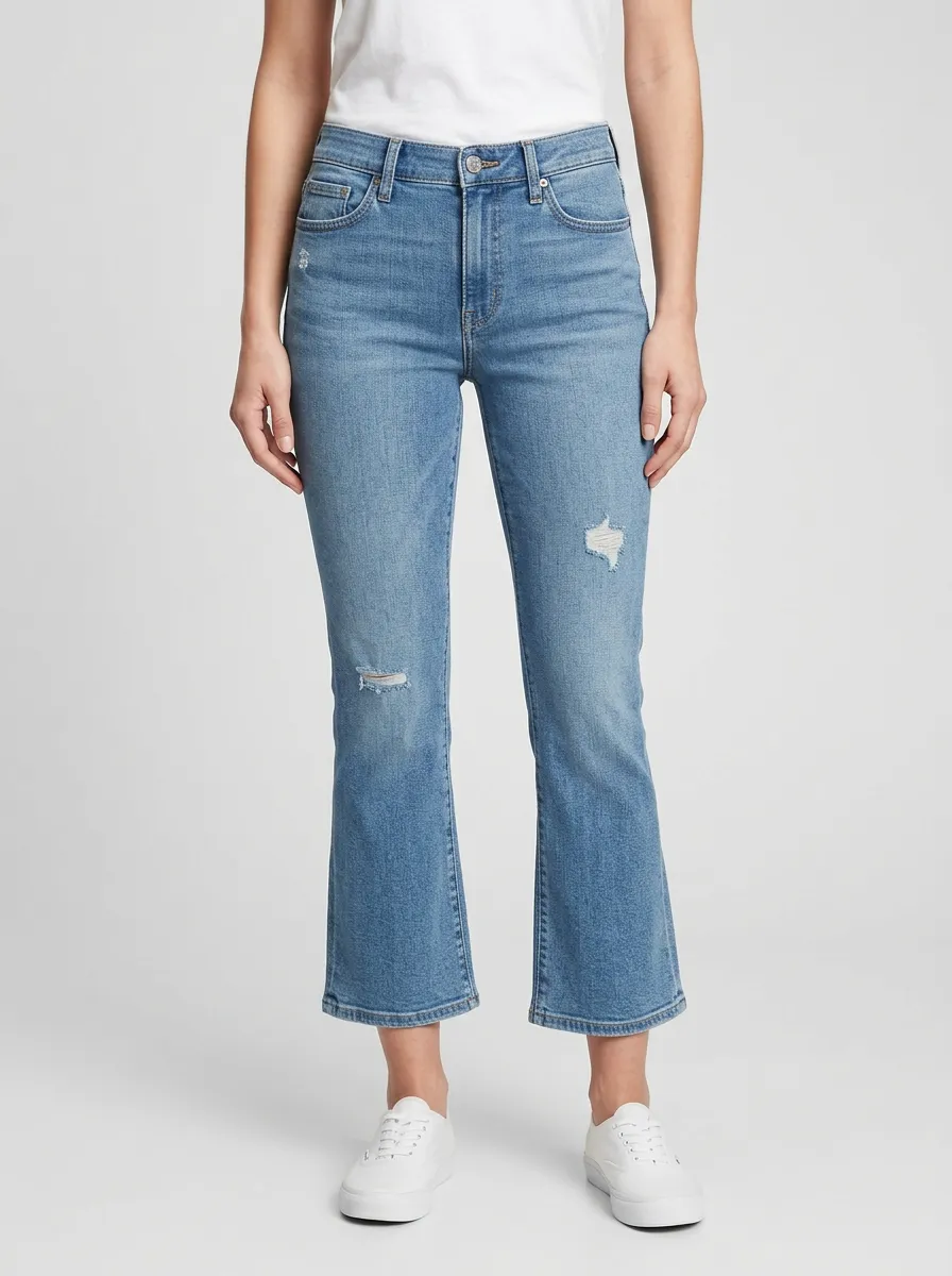 Women's High-Rise Knee-Distressed Cropped Kick-Flare Jeans