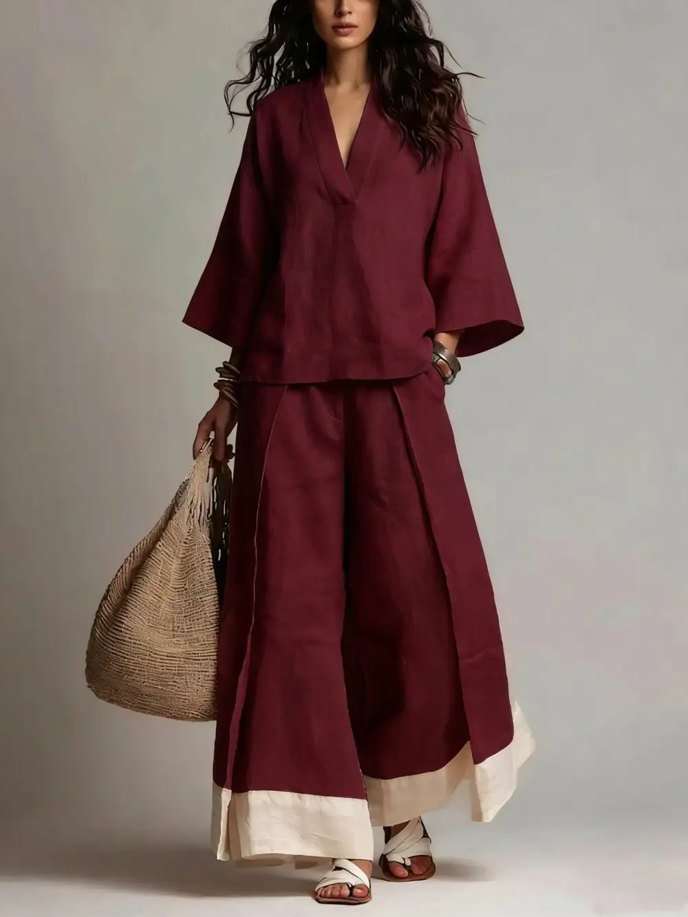 Wide-Leg V-Neck Denim Women's Matching Set