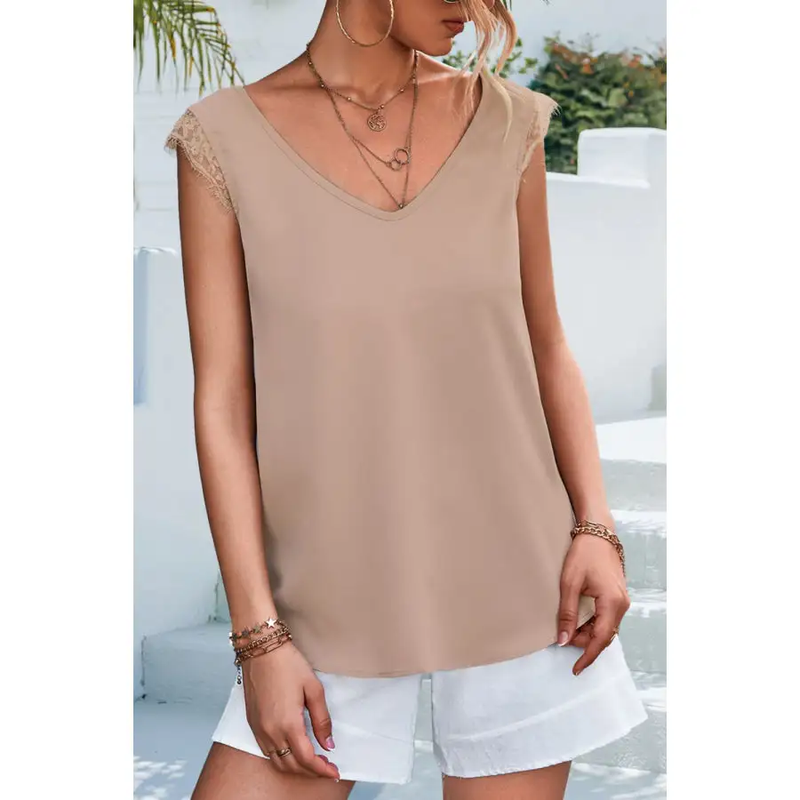 Lace Detail Eyelash Trim V Neck Tank