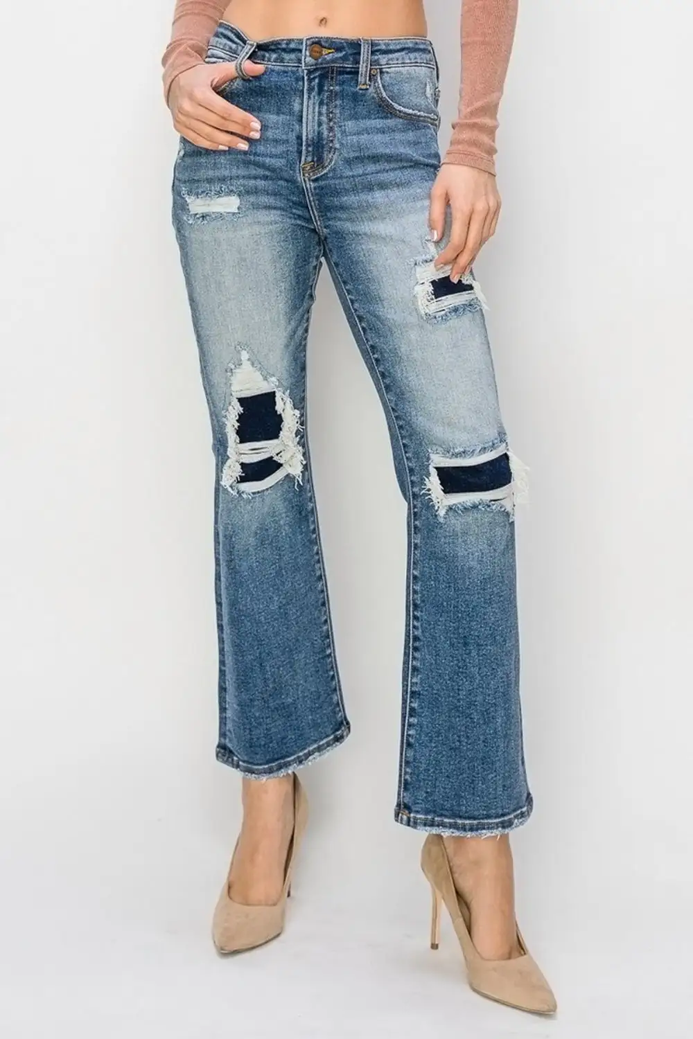 High Rise Distressed Ankle Flared Denim Jeans