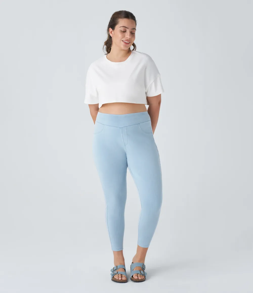 Magic High Waisted Back Side Pocket Stretchy Knit Denim Plus Size Casual Leggings