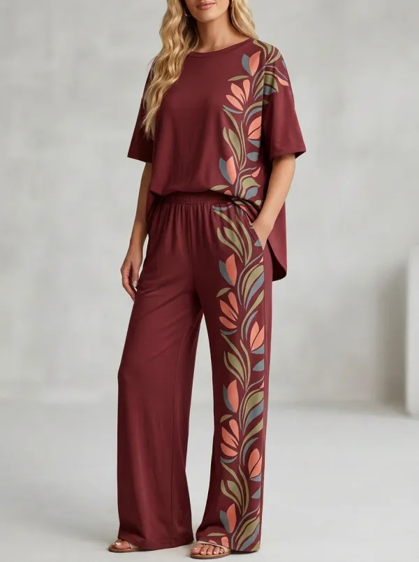 Women's Side Botanical Print Crewneck Top And Wide-Leg Trouser Lounge Set