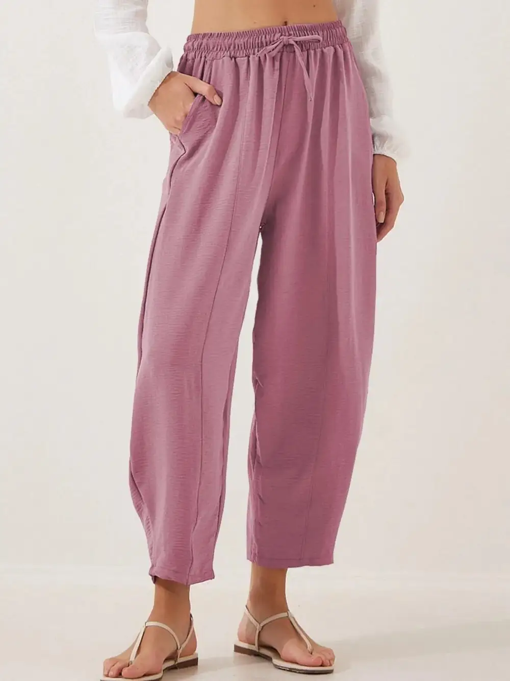 Full Size Drawstring Wide Leg Cropped Pants Plus Size