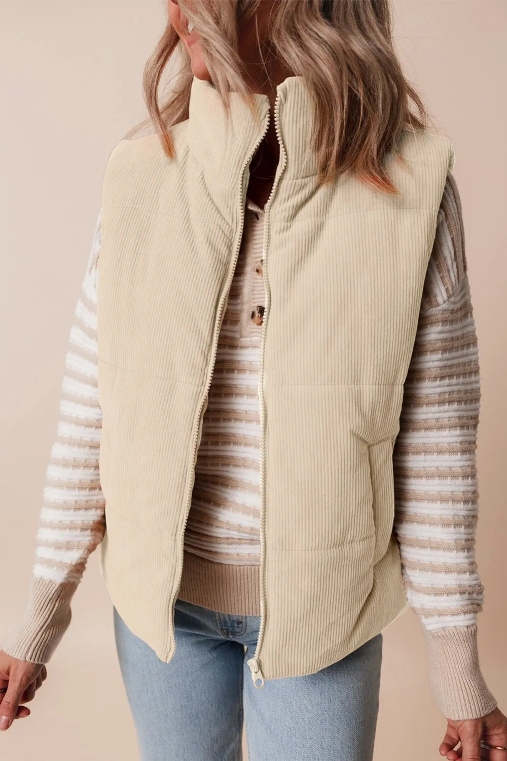 Corduroy Stand Neck Zip Puffer Vest